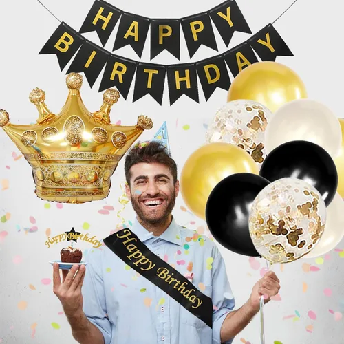 Vista 6 de Decoraciones de cumpleaños en negro y dorado para hombres y mujeres, decoraciones de fiesta en negro y dorado incluyen corona, remolinos colgantes