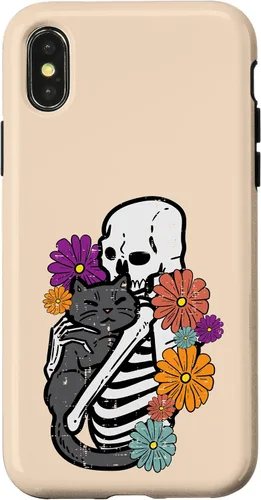 Vista 4 de iPhone 15 esqueleto abrazando flores de gato negro Halloween mujeres niñas caso