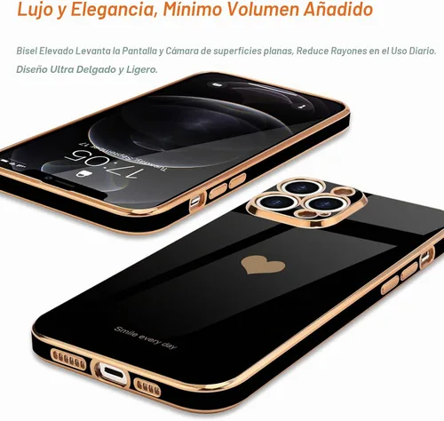 Vista 4 de Teageo Funda para iPhone 12 Pro para mujeres y niñas, diseño de corazón de amor, cubierta trasera suave, protección completa de la cámara Negro