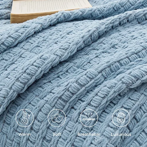 Vista 5 de Bedsure - Mantas de punto azules para sofá - Manta tejida de chenilla gruesa con textura - Manta decorativa boho súper suave y cálida con borlas