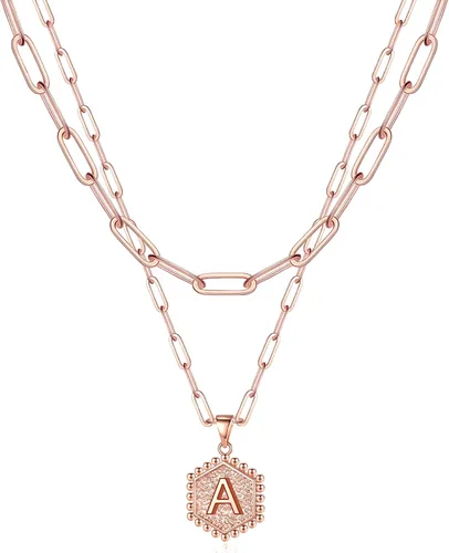 Vista 37 de M MOOHAM - Delicado collar de oro para mujer, de 14 quilates, en capas, lindos collares con letra hexagonal con inicial para mujer, regalos