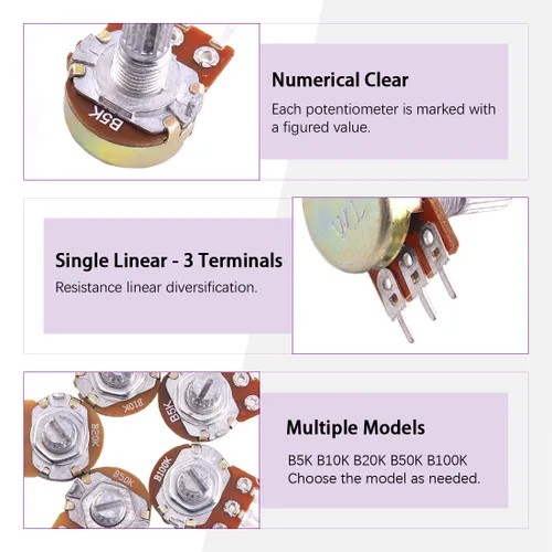 Vista 4 de Swpeet 75pcs B5K 10K 20K 50K 100K Ohm eje moleteado lineal rotatorio potenciómetro cónico con 5 tipos diferentes de perilla (WH148) Kit