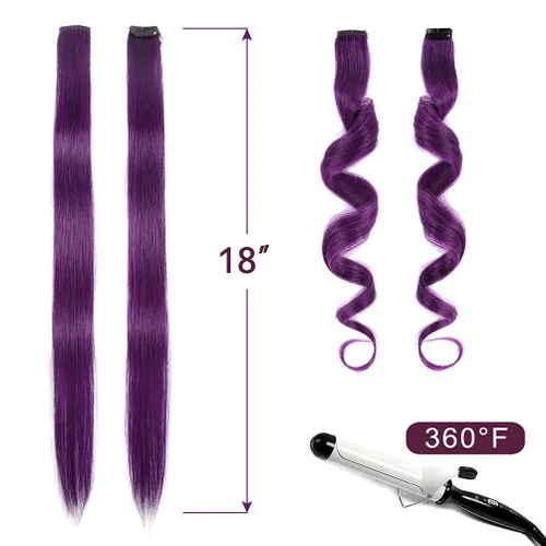 Vista 4 de Winsky Extensiones de cabello morado con clip – 100% cabello humano real de color para niñas, piezas de cabello de Halloween, 5 piezas/juego