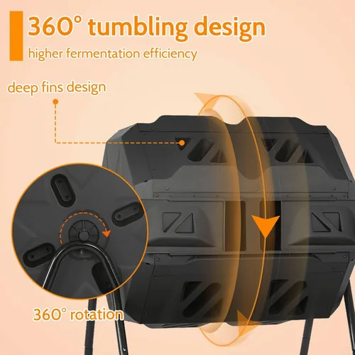 Vista 3 de Compostador de doble cámara para exteriores, cubo de compost de 43 galones, cubo de basura de compostaje de 360°, compostador sin BPA, giratorio