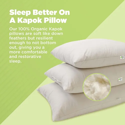 Vista 2 de Bean Products Almohada estándar con funda de almohada, almohada de cuello suave relleno de kapok orgánico con funda de algodón orgánico, funda