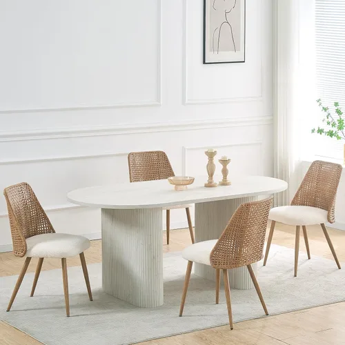 Vista 3 de Juego de 4 sillas de comedor de ratán, sillas de comedor de mimbre, sillas de comedor con respaldo de ratán de polietileno tejido y asiento de tela