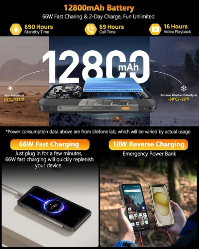 Vista 8 de Ulefone Armor 30 4G Android 15 Teléfono resistente, 24 GB+512 GB, pantalla FHD de 120 Hz de 6.95", luz LED versátil de 1236LM, cámara visión