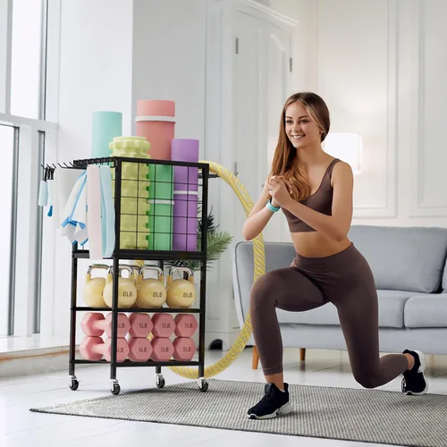 Vista 7 de Estante de Mancuernas para Hogar, Estante de Peso para Gimnasio en Casa, Estante de Almacenamiento para Esterilla de Yoga, Organizador de Equipo