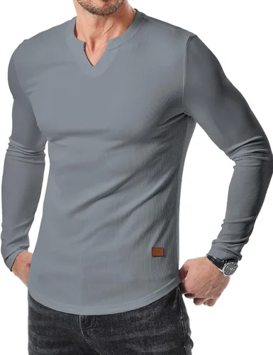 Vista 21 de JMIERR Camisetas de manga larga para hombre, estilo casual, cuello en V Negro+Blanco