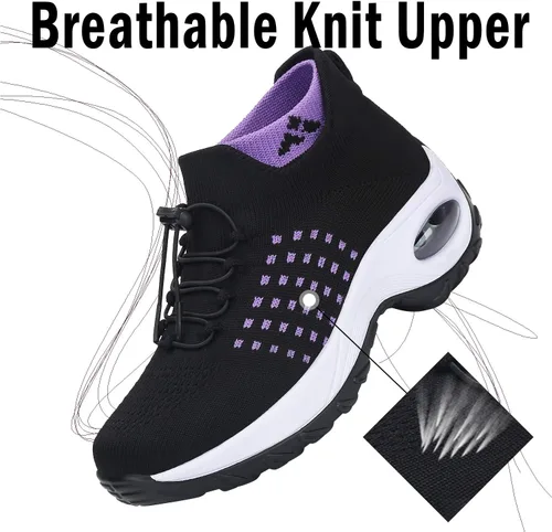 Vista 2 de Tenis estilo calcetines para caminar, de mujer, acolchado con malla, cámara de aire, cómoda cuña, calzado confortable, tipo mocasines de plataforma