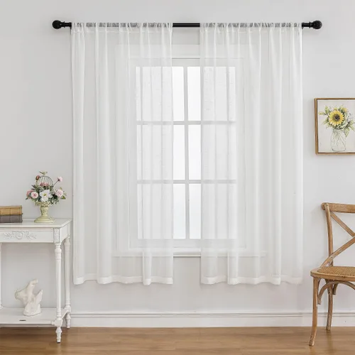 Vista 21 de Cortinas plisadas negras traslúcidas de 84 pulgadas de largo, 2 paneles para dormitorio, lino texturizado, ganchos transparentes para pista