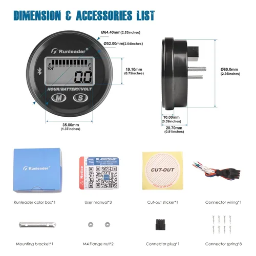 Vista 9 de Runleader Medidor de nivel de batería Bluetooth LCD de 12 V a 48 V, medidor de voltios con alerta, registro de horas de funcionamiento para troyano
