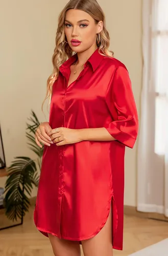 Vista 3 de Samring Camisones de seda para mujer, manga 34, con botones, camisola de satén para dormir