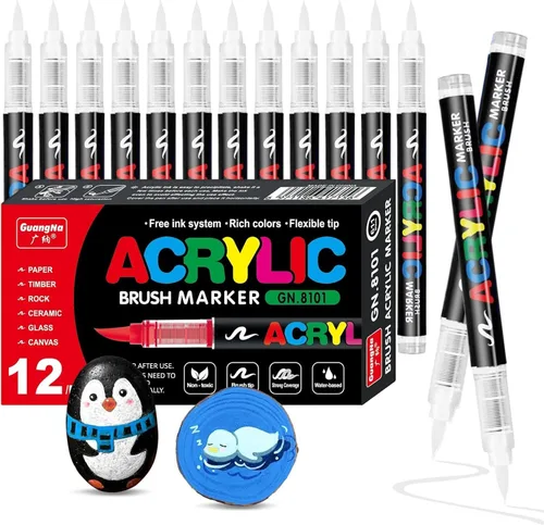 Vista 9 de Surcotto 12 marcadores de pintura acrílica negra, marcadores de pintura acrílica con punta de pincel suave, marcadores acrílicos impermeables