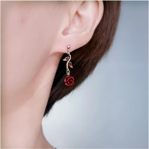 Vista 7 de Juego de 3 piezas de joyería de color rojo rosa, collares de flores, aretes colgantes, pulsera, joyería de graduación de oro rosa para mujer, boda