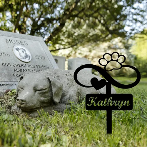 Vista 6 de Marcador de metal para tumbas para mascotas, nombre personalizado, estaca de jardín, perro, conmemorativo, alas de ángel, marcador de tumba, hueso