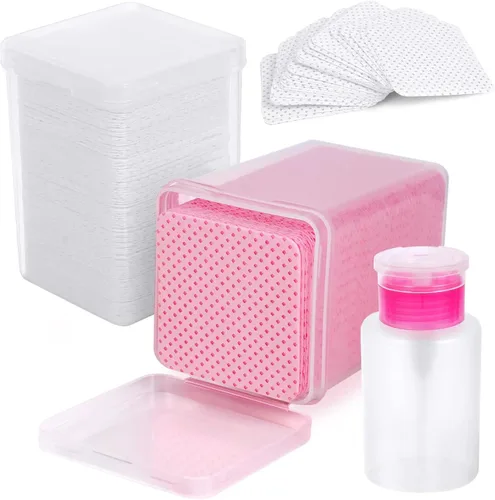 Vista 12 de 200 almohadillas de algodón para uñas, 1 botella dispensadora de bomba extraíble, toallitas de pegamento para pestañas suaves no tejidas Rosa