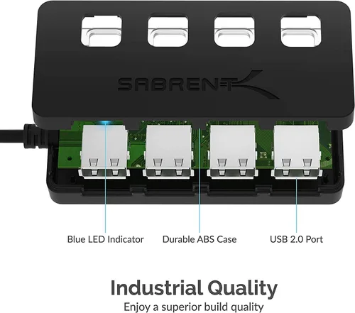 Vista 6 de SABRENT Hub de datos USB 2.0 de 4 puertos con interruptores de alimentación individuales con LED iluminados [no se admite la carga] para Mac y PC