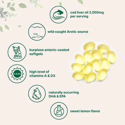 Vista 7 de Suplementos de aceite de pescado Omega 3 de triple fuerza, 4200 mg por porción y aceite de hígado de bacalao, 2,000 mg por porción, 360 cápsulas