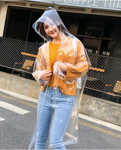 Vista 4 de Impermeable súper transparente para mujer, poncho de lluvia impermeable de EVA con cordón de capucha