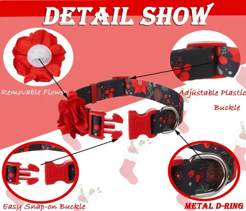 Vista 2 de Collares navideños para perros con flor roja extraíble, collar de perro pequeño para perras hembras
