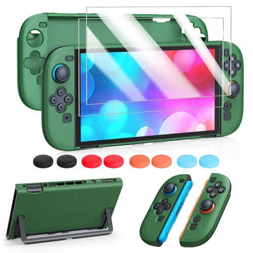 Vista 8 de FYOUNG Protective Case for Switch, Slim Hard Shell for Switch Accessories, Scratch&Shock Protection Cover with Screen Protector, 8 Thumb Grip(Clear