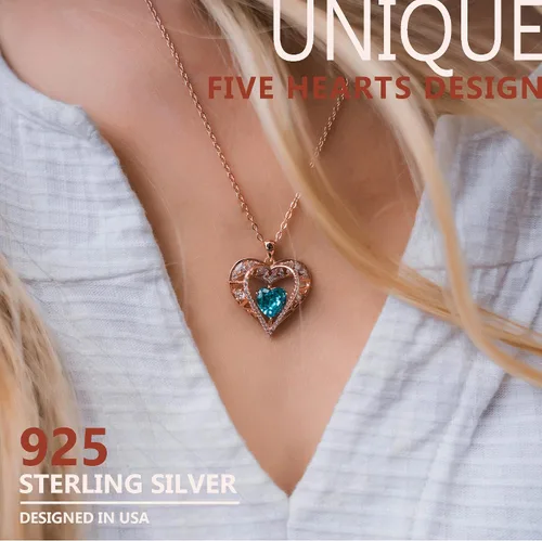 Vista 8 de Collar de cristal de 5 corazones, chapado en oro rosa de 18 quilates, colgante con cadena de plata de ley 925 de 18 + 2 pulgadas, joyería de piedra