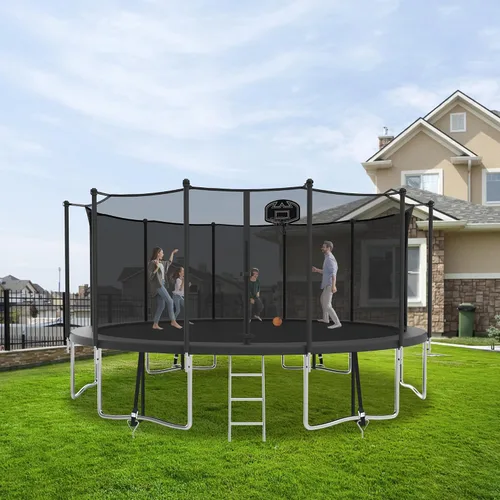 Vista 7 de Trampolín de 1500 libras de 8, 10, 12, 14, 15, 16 pies para adultos/niños con red de seguridad, aro de baloncesto, pelota, estacas y escalera