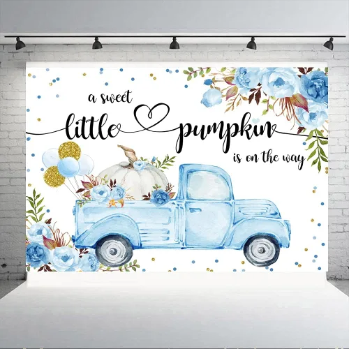 Vista 3 de Telón de fondo de baby shower de calabaza pequeña de 6 x 4 pies, con texto en inglés "A Little Sweet Pumpkin is On The Way", globos florales azules