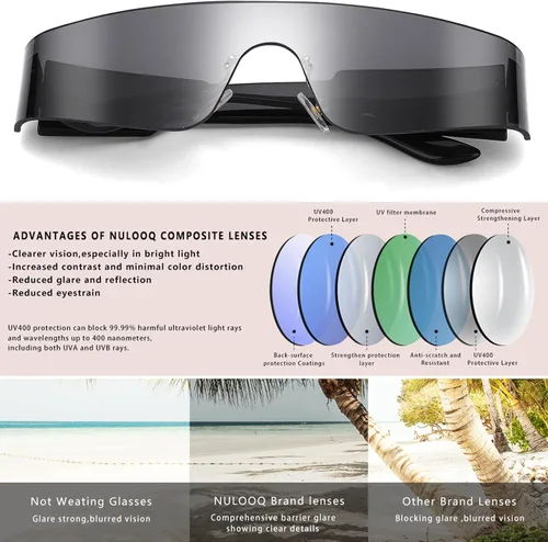 Vista 5 de NULOOQ Y2K - Gafas de sol futuristas envolventes sin montura para mujeres y hombres gafas de sol de moda Cyberpunk con visera monobloque