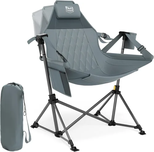 Vista 11 de TIMBER RIDGE Silla de camping tipo hamaca, silla hamaca oscilante de gran tamaño con respaldo y asiento ajustables para césped al aire libre, Negro
