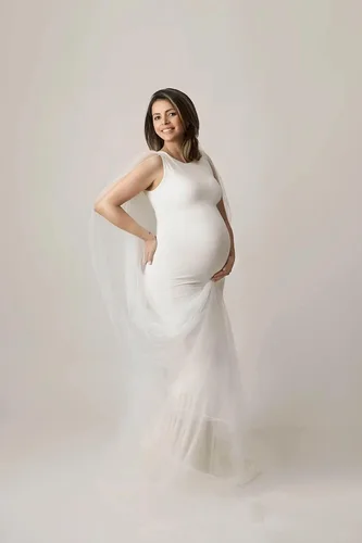 Vista 4 de Vestido de maternidad para mujer, para fotografía, vestido largo de accesorios para fotos, con capa de malla, vestido de baby shower, vestido