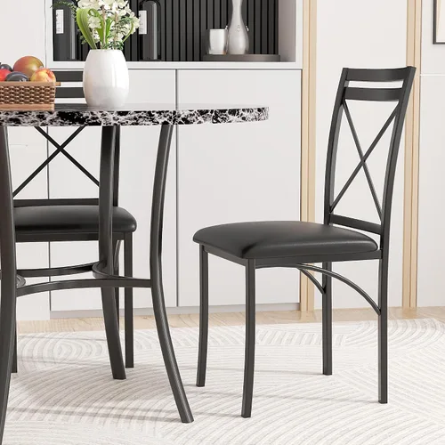 Vista 2 de VECELO Juego de 4 sillas de comedor de metal, patas de acero y asientos acolchados de piel sintética para cocina, sala de estar, color negro