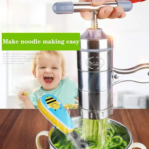 Vista 4 de Máquina de fideos manuales de acero inoxidable, máquina de prensa portátil para hacer pasta, herramientas de fabricación de espaguetis con 5 moldes