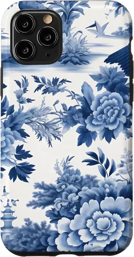 Vista 27 de iPhone 16 White and blue Chinoiserie Botanical Floral Bird Classic Case