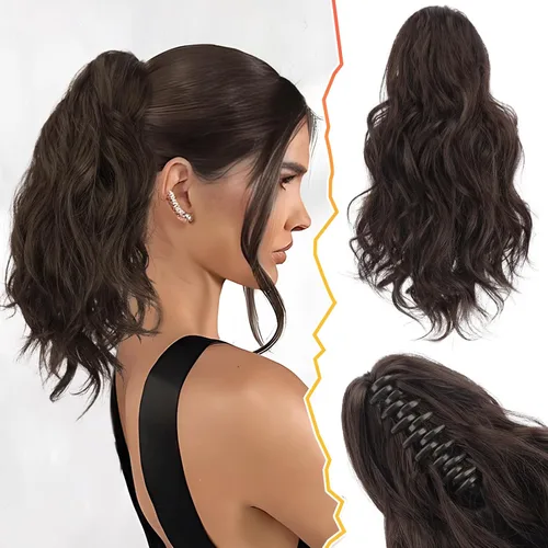 Vista 10 de BARSDAR Extensiones de cola de caballo con clip de garra, extensiones de cabello corto ondulado negro de 14 pulgadas para mujer, extensiones