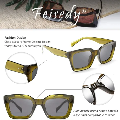 Vista 3 de FEISEDY Gafas de sol clásicas para mujer de moda gruesas cuadradas marco grueso UV400 B2471