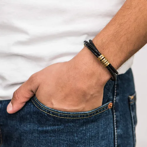 Vista 4 de Cuentas individuales grabadas personalizadas hechas a mano para hombres de cuero/cera de algodón pulsera en plata de ley 925 - Kit de cuentas