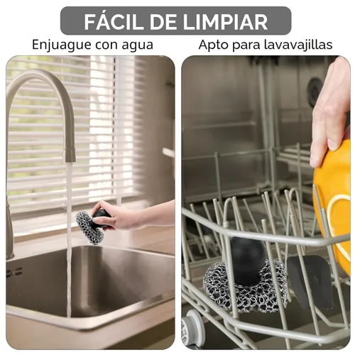 Vista 6 de Esponja de limpieza de hierro fundido con raspador de sartenes, esponja de cadena 316, esponja de malla de cadena mejorada, limpiador de hierro