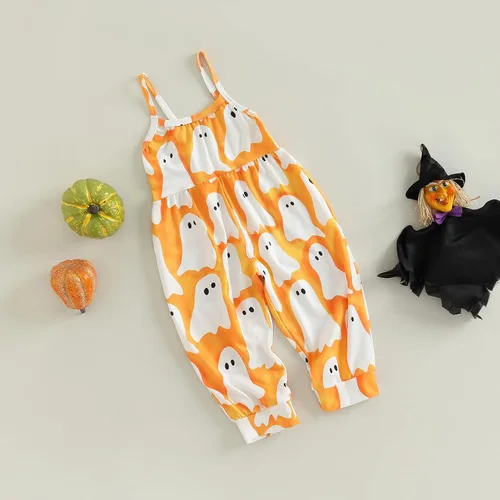 Vista 3 de Emmababy Enterizo de Halloween para niños y niñas pequeñas, con estampado de calabaza, fantasmacaricatura, gato, calabaza, sin mangas, 1-6T, overol