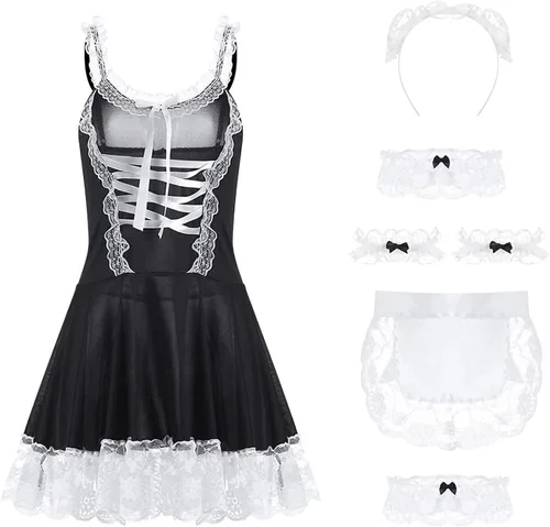 Vista 6 de mzenuop Maid Outfit Halloween Maid Dress Cosplay Sweet Classic Apron Maid Costume with Socks