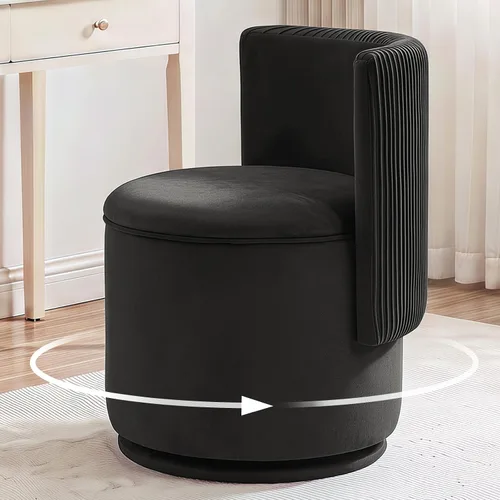Vista 9 de Furniliving Silla de tocador de terciopelo con almacenamiento, silla giratoria de 360° con respaldo ondulado, moderno taburete de tocador de barril