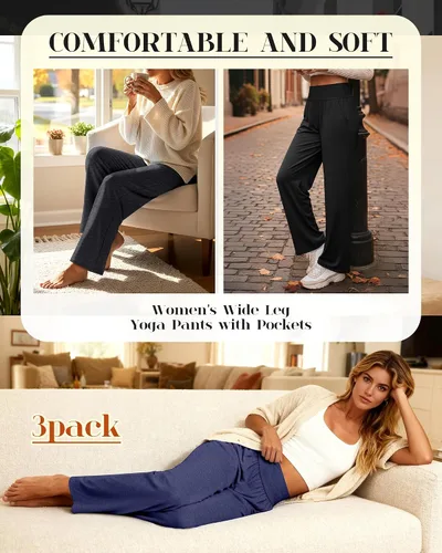 Vista 64 de Neer - Conjunto de 3 pantalones de yoga de pierna ancha para mujer - Pantalones deportivos cómodos, holgados, de cintura alta y casuales