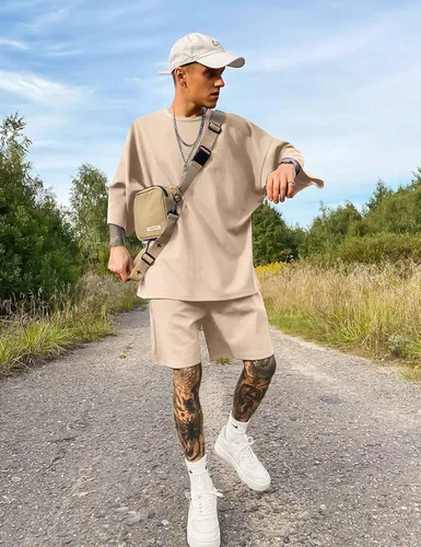 Vista 4 de Babioboa Conjunto de camiseta y pantalones cortos de manga corta para hombre, 2 bolsillos, de gran tamaño, de dos piezas, casual, uso diario