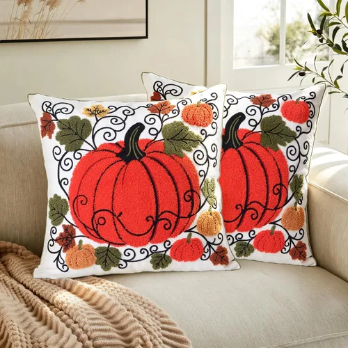 Vista 4 de Pack of 2 Embroidered Decorative Throw Pillow Cover 18x18 Inch Farmhouse Floral Pillowcase for Living Room Sofa Bed (Big Pumpkin)