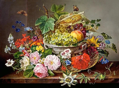 Vista 2 de Castorland Puzzle Naturaleza muerta con flores asícomo cesta de frutas 2000 Piezas