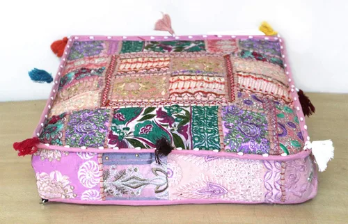 Vista 8 de CRAFT KALA Funda de Puf Tradicional de Retazos Cuadrada India Pufs de Sala de Estar India Otomana de Diseñador Bordada Decorativa Hogar Vida Rosa