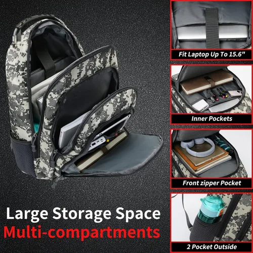 Vista 5 de Mochila de camuflaje, pequeña mochila táctica para exteriores, mochilas militares para niños adolescentes para la escuela con puerto de carga USB