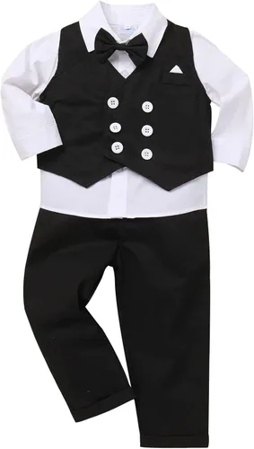 Vista 39 de IDOPIP Trajes de otoño e invierno para niños pequeños, camisa de manga larga con corbatín + chaleco + pantalones largos, overoles