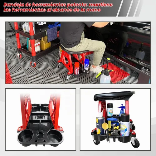 Vista 4 de ROBLOCK Silla Taburete Mecánico Duradero con Ruedas, Asiento Rodante de Servicio Pesado para Taller de Garaje, Creeper para Detallado de Autos
